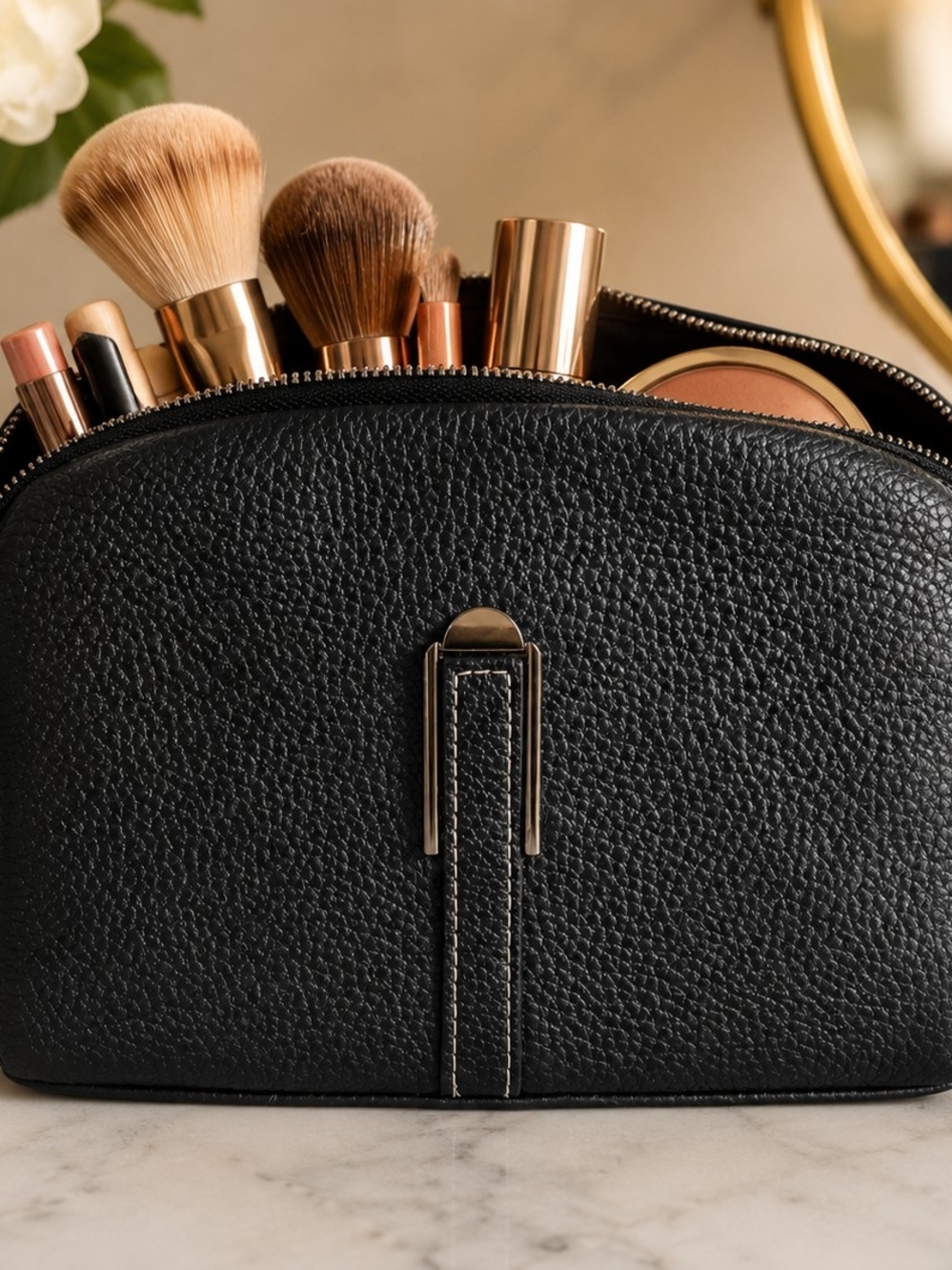 LAORENTOU Black Leather Makeup Bag Cosmetic Case Travel Toiletry‎ Organizer